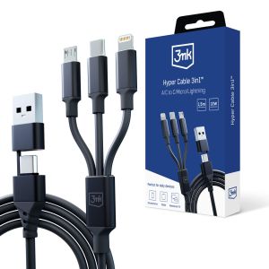 Cabo USB-A/USB-C para USB-C/Micro/Lightning 1.5m - 3mk Hyper Cable 3in1™ Preto