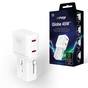 Carregador de viagem Adaptador 210 países 3mk incharge® Globe 45W™ GaN PD QC4+ PPS SCP Branco