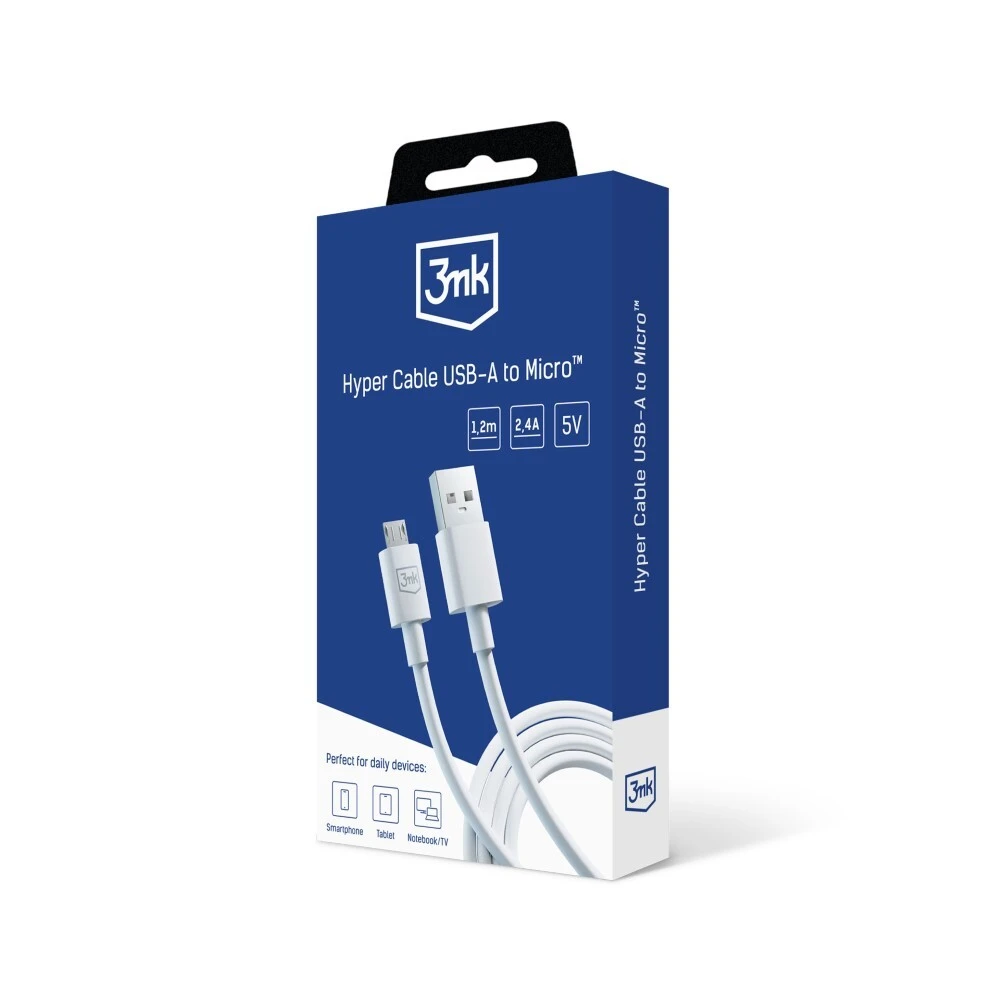 Packshot 3mk Hyper Cable USB-A para Micro™ Branco