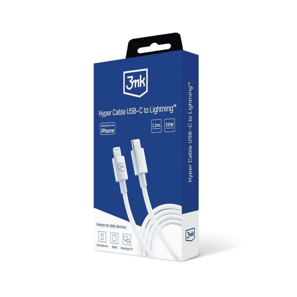 Packshot 3mk Hyper Cable USB-C para Lightning™ Branco