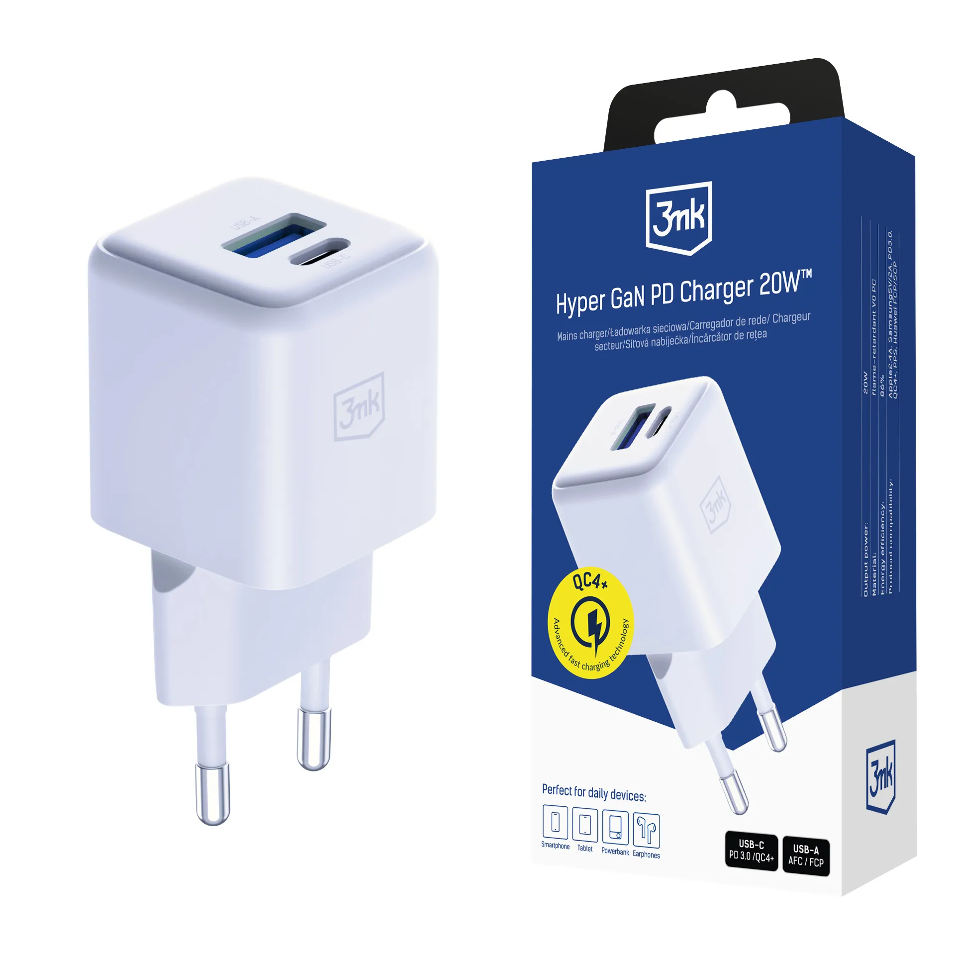 Carregador de parede 3mk Hyper GaN Charger 20W QC4+ PD PPS USB-C USB-A