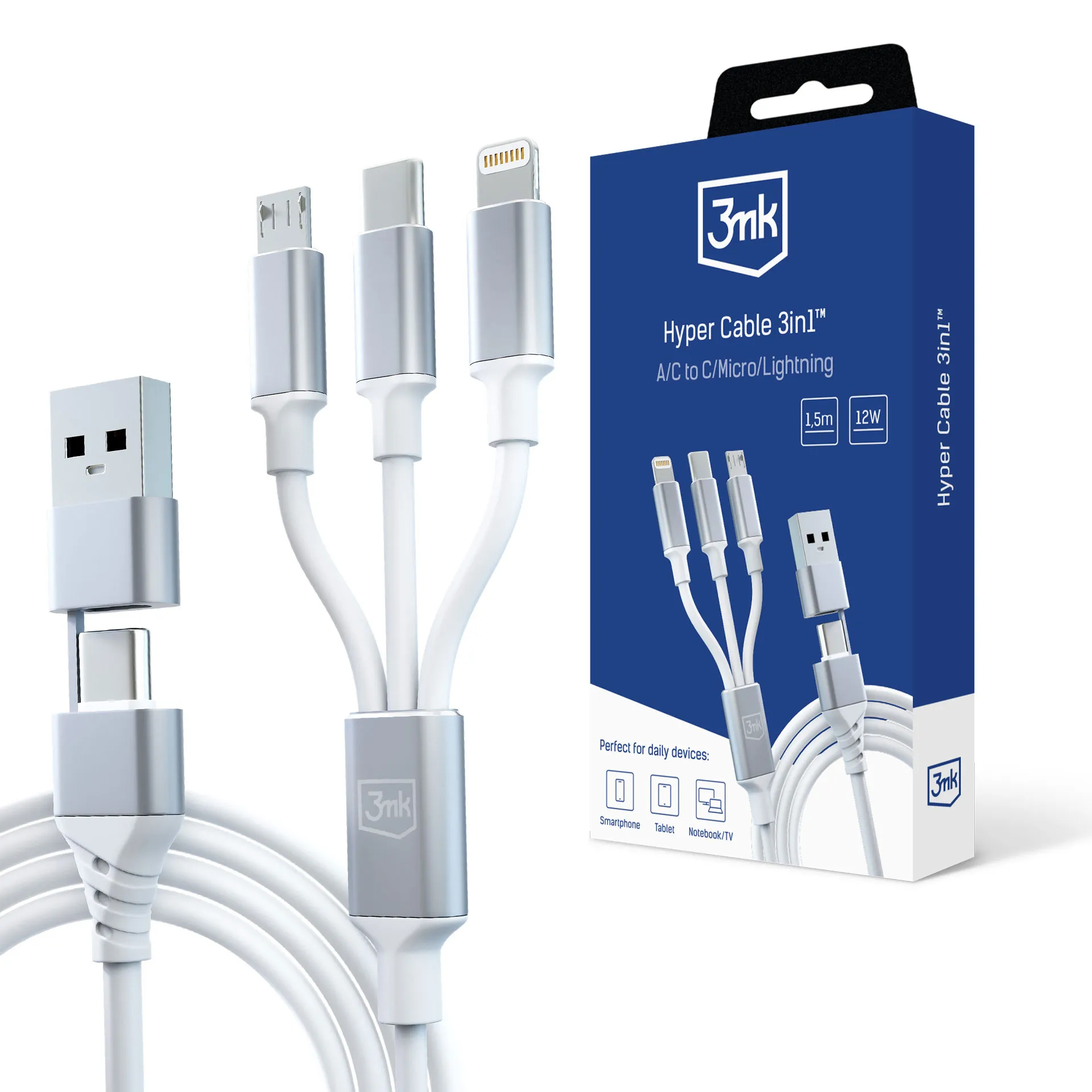 Cabo USB-A/USB-C para USB-C/Micro/Lightning 1.5m - 3mk Hyper Cable 3em1™ Branco