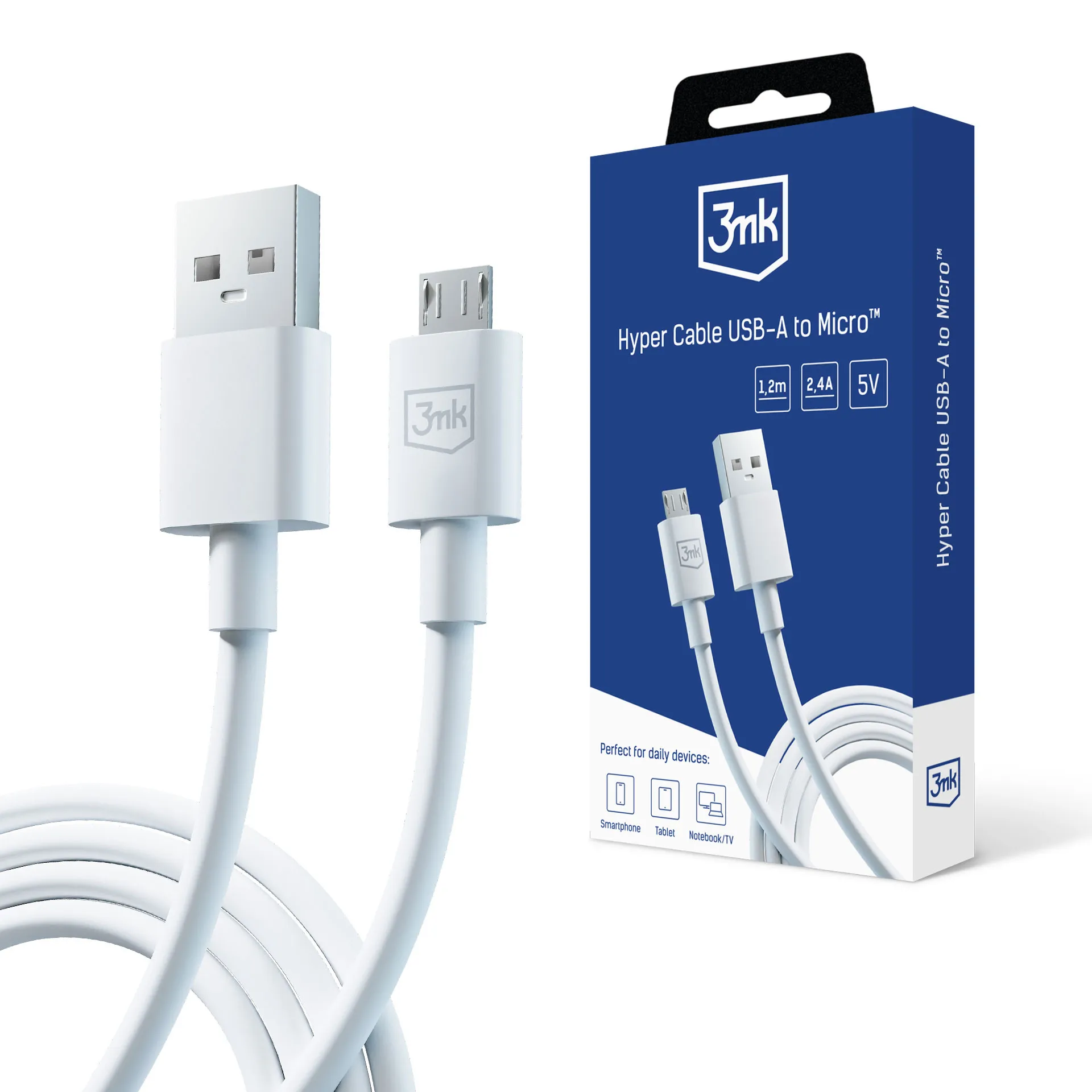 Cabo USB-A para Micro 12W 2.4A 1.2m - [3mk Hyper Cable Branco]