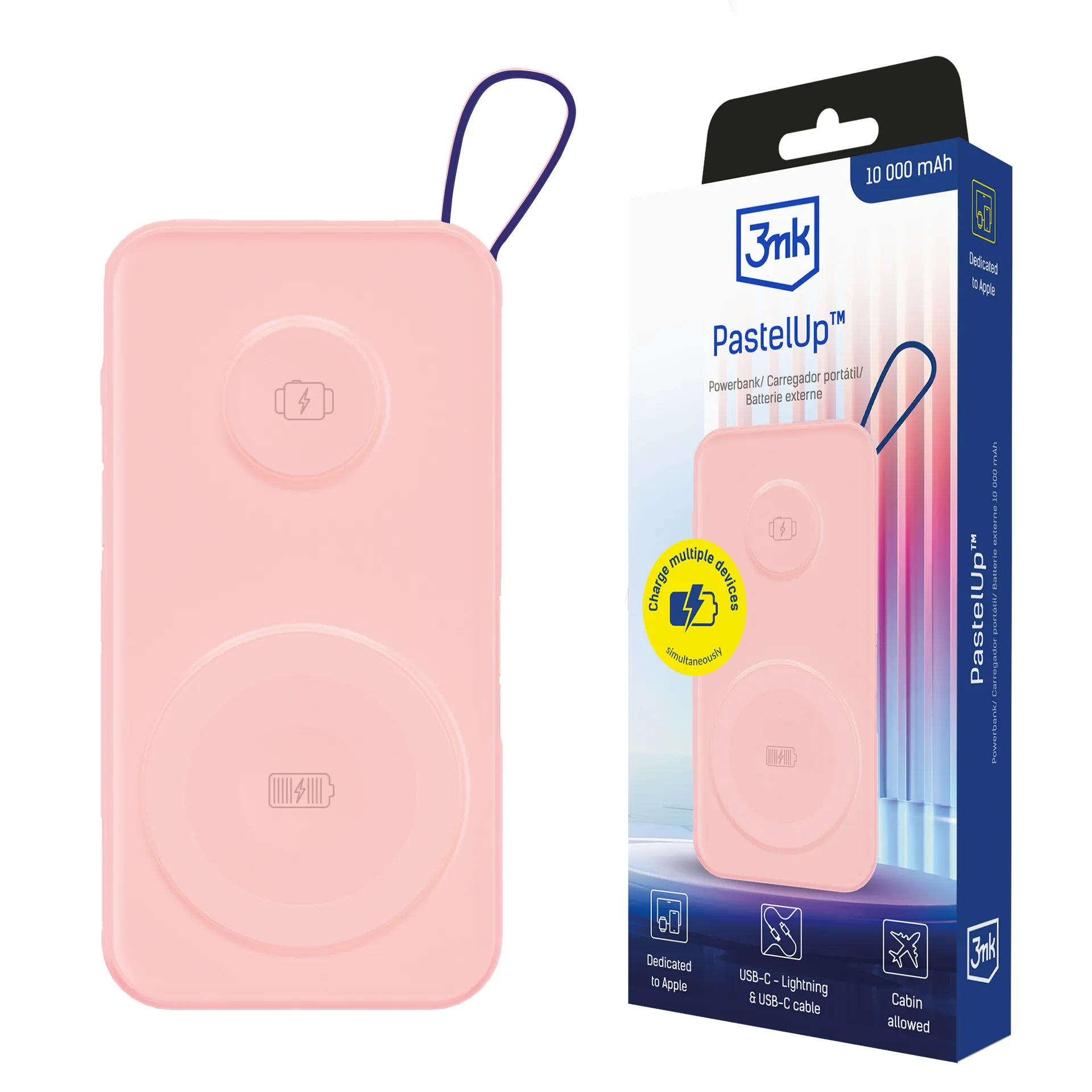 Powerbank 3mk PastelUp 10.000mAh 22.5W MagSafe QI USB-A USB-C Lightning Rosa