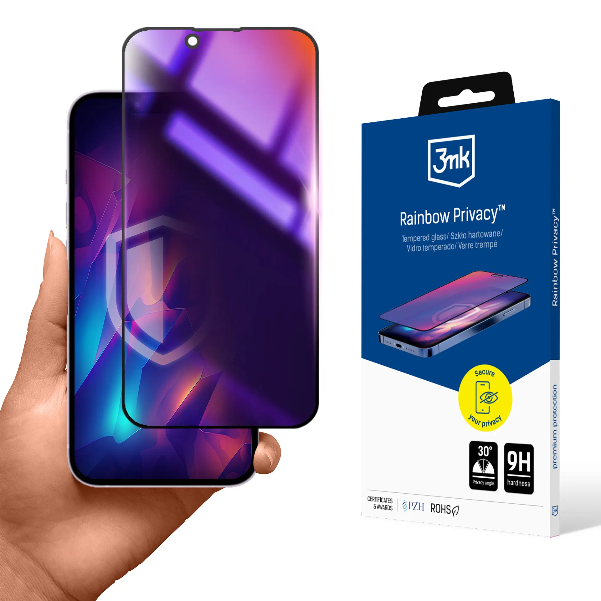 Vidro temperado com filtro de privacidade para Apple iPhone 16E - 3mk Rainbow Privacy