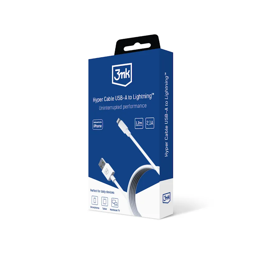 Cabo USB-A para Lightning 12W 2.1A 1.2m - 3mk Hyper Cable Branco
